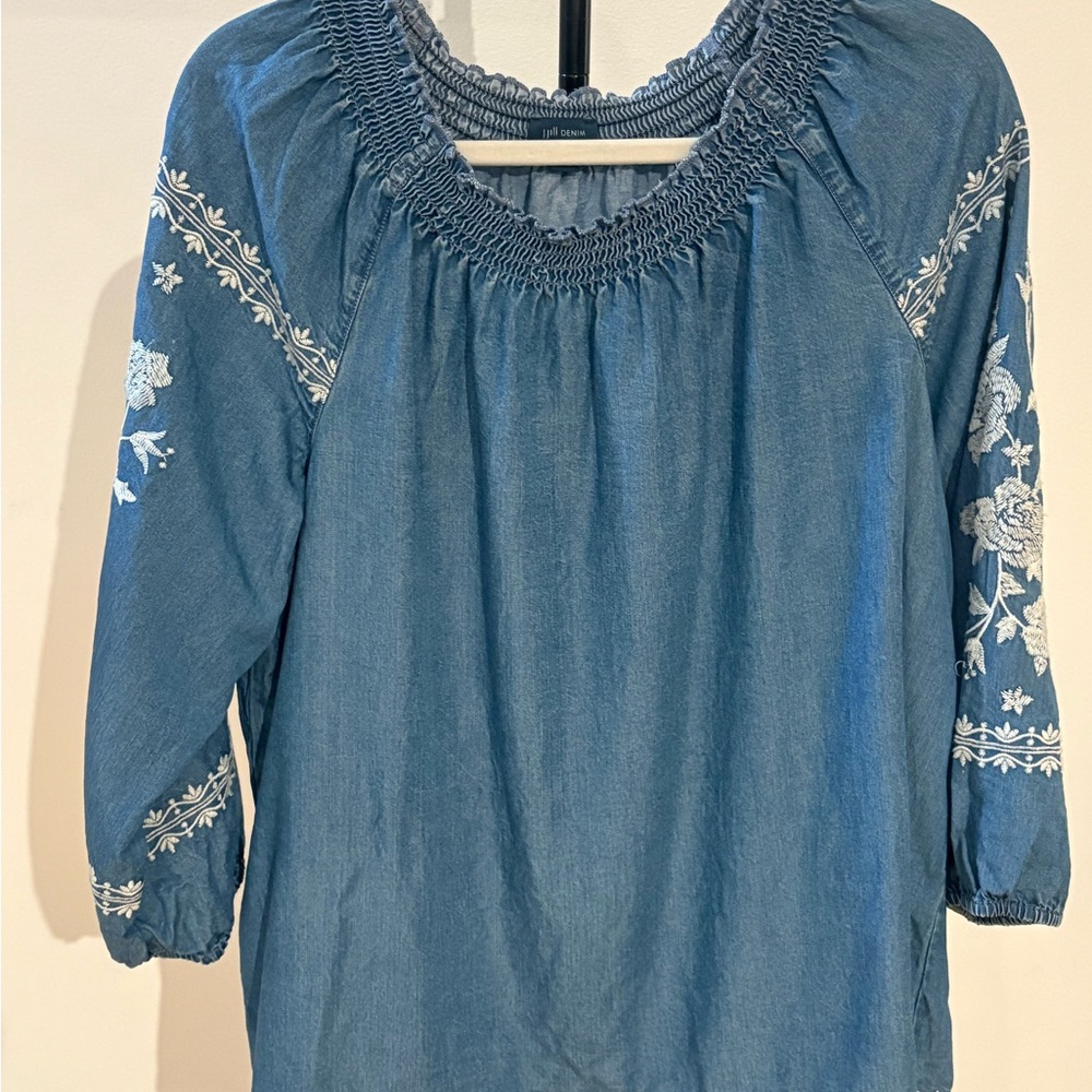 J. Jill Denim Blue Blouse with White Floral Embroidery